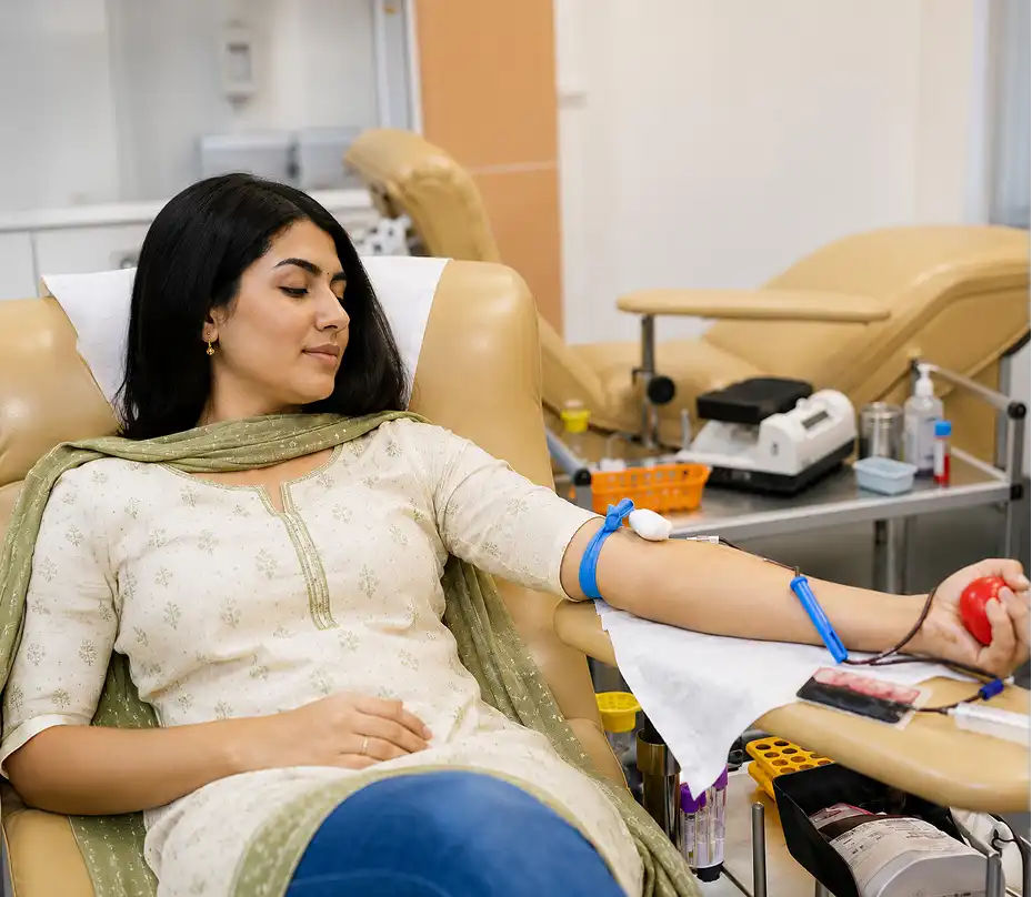 Woman donating blood at blood centre