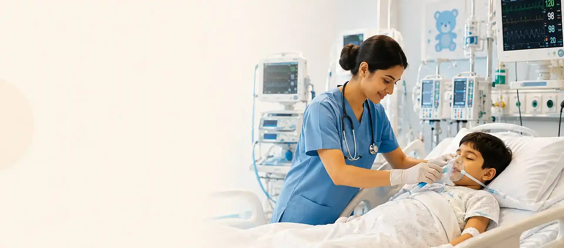 Nurse attending to a child in the PICU