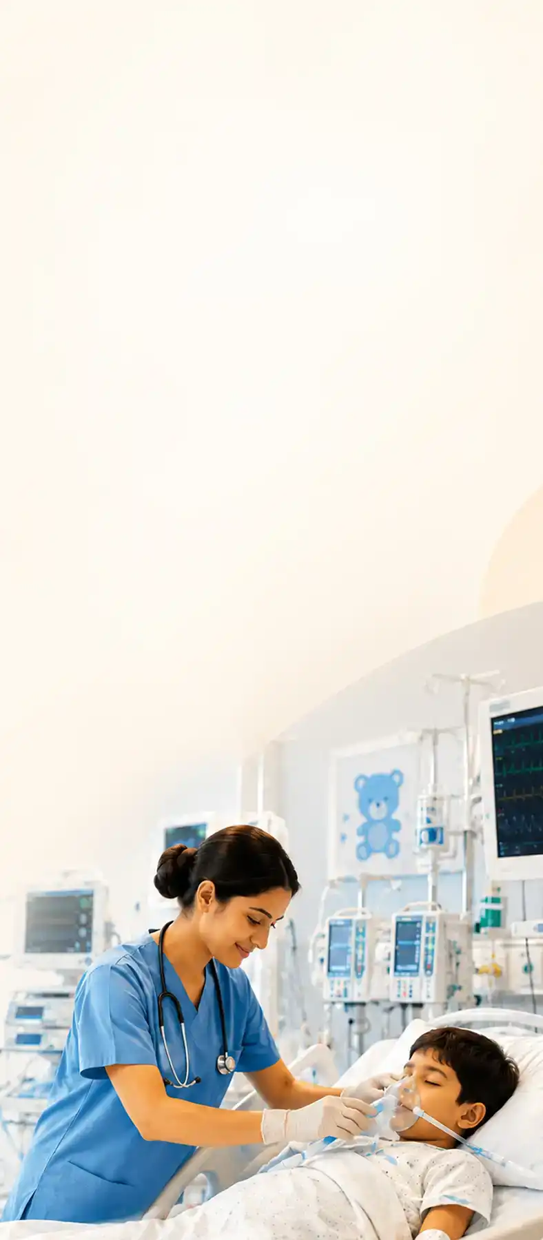Nurse attending to a child in the PICU