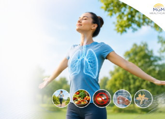 Healthy lungs illustration showing tips to protect lung health through exercise, clean air, and avoiding smoking
